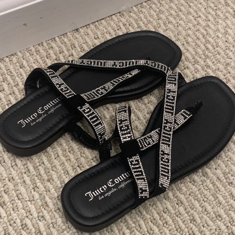 Juicy Couture Black Rhinestone-Trim Slide Sandals